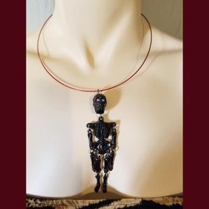 Creepy Cool Vintage Dangling Black Skeleton Pendant Choker Necklace ooak